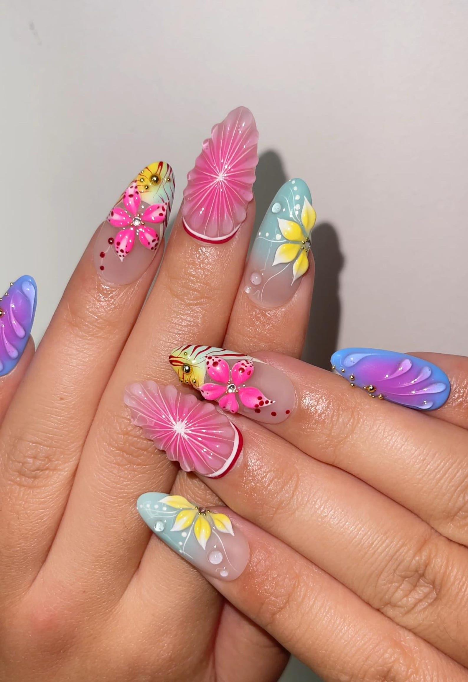 Tropical Bloom Press On Nails | 3D Flower Summer Nails | Colorful Citrus Slice Nails | Hand Painted Floral Nails | Vacation Nails | JB319H