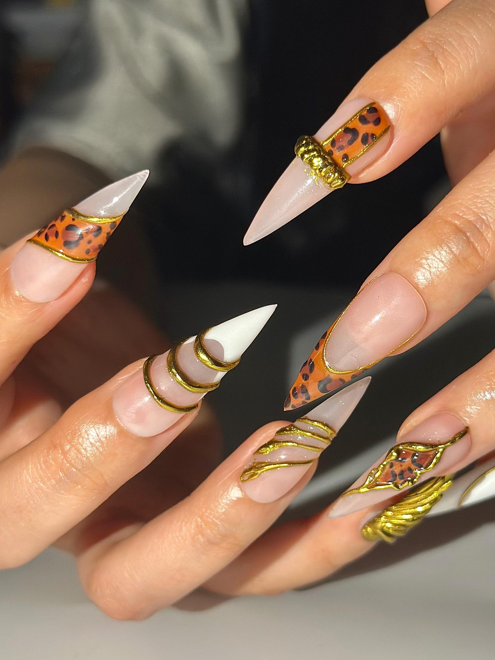 Gold Leopard Luxury Press On Nails | 3D Metallic Chrome Nails | Animal Print Stiletto | Glam Nail Set | Handmade Press Ons | JC318HC