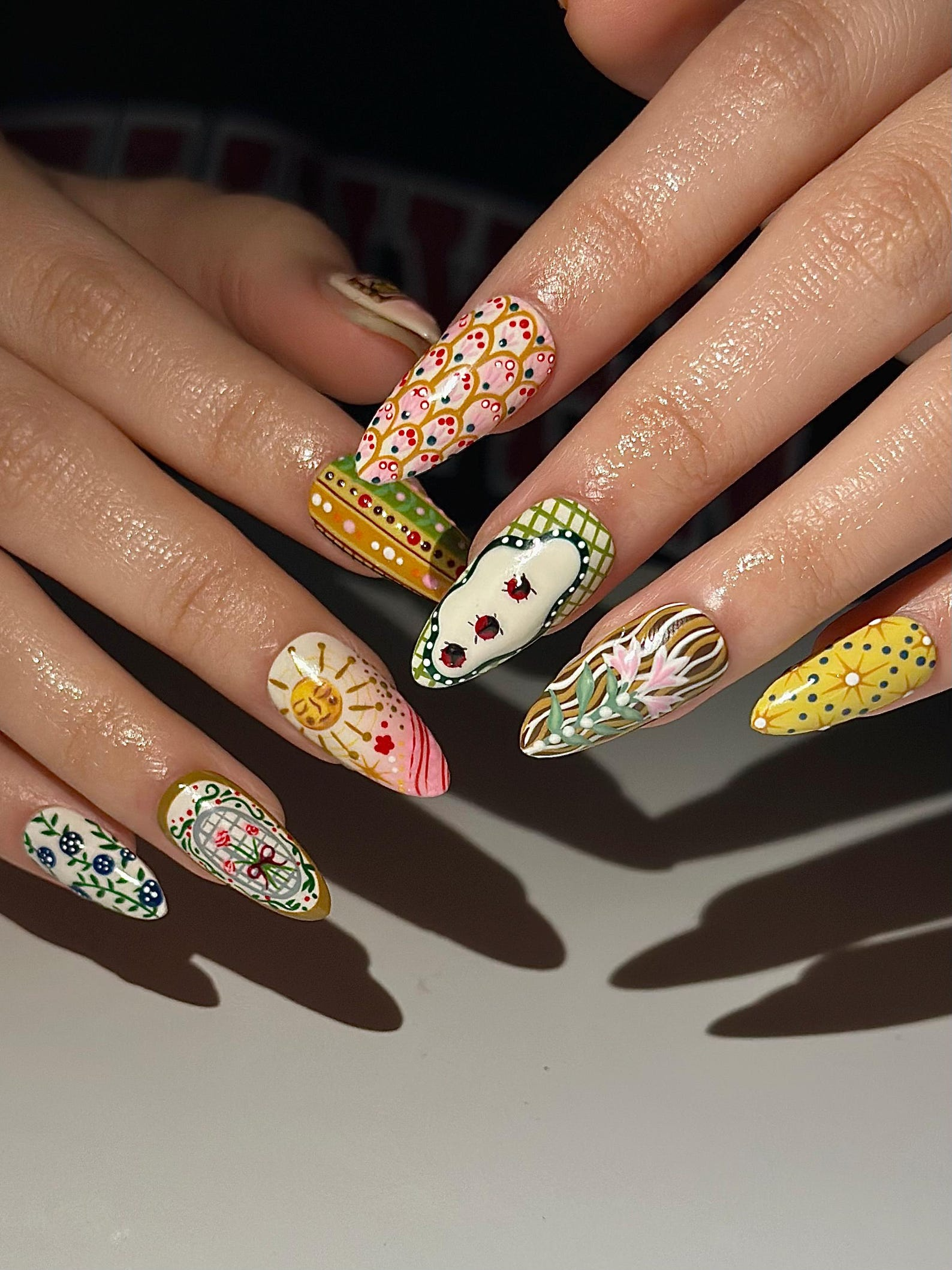 Hand Painted Vintage Floral Fake Nails | European Folk Art Nail Design | Soft Pastel Art Nails | Storybook Style Press Ons| JB304H