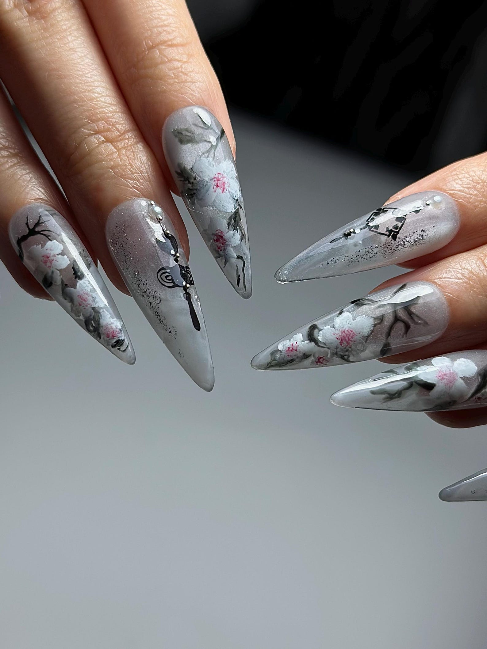 Grey Ombre Floral Press On Nails | Hand Painted Sakura Nail Art | Elegant Stiletto Nails | Japanese Inspired Press Ons | HB1299HC