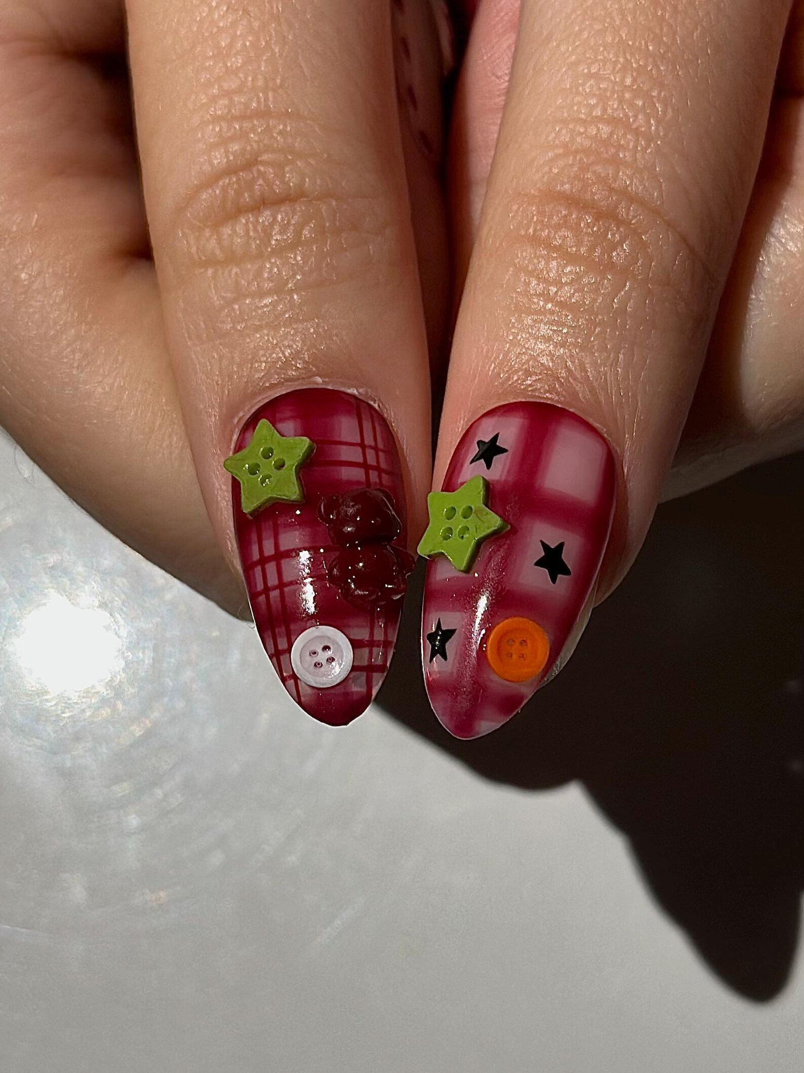Kawaii Teddy Bear Press On Nails | Cute Teddy & Button Nail Art | Handmade Kawaii Nails | Pink Plaid Press Ons | Cute Core Nails | DB1022H