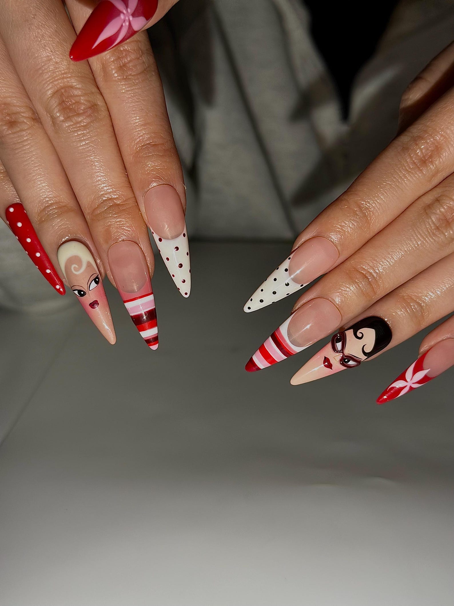 Fashion Doll Aesthetic Press On Nails | Red Vintage Girl Nails | Hand Painted Character Nails | Y2K Pop Art Nail Design | JB327HC