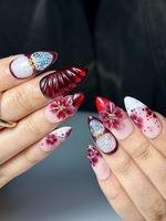 Burgundy Red Floral Press On Nails | 3D Wine Flower Nails | Dark Romantic Nail Art | Elegant Gradient Nails | Luxury Press Ons | JB324HK