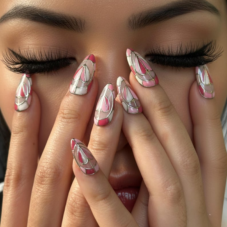 Stained Glass Valentine Press On Nails | Pink White Art Nails | Luxury Valentine Nail Design | Gift For Valentine | Gift For Her | HC1241HC
