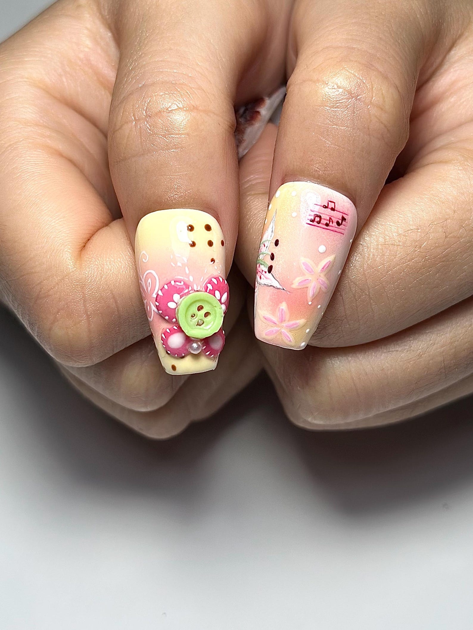 Kawaii Pastel Cartoon Press On Nails | Cute 3D Character & Flower Nails | Pink Yellow Sweet Nail Art | Artistic Press Ons | JB335IK