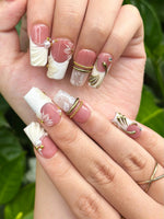 Royal Balletcore Press On Nails | Luxury Pearl Bow Fake Nails | Handpainted Gold French Tip Nails |Elegant Bridal Nails Reusable | JB343IC