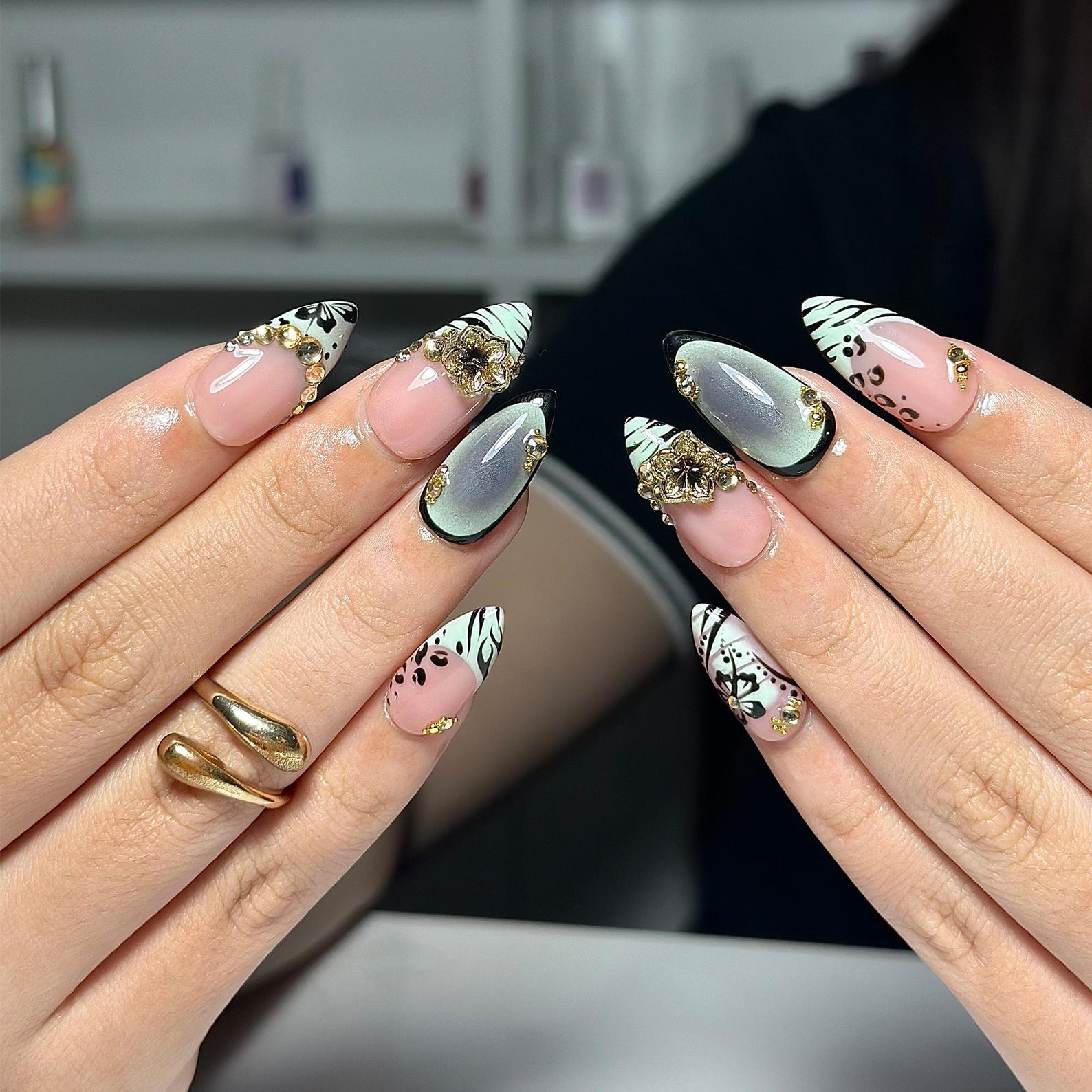 Nude Pink Press On Nails with Black Floral and Gold Charm | 3D Elegant Nails in Almond Shape | Handmade Nails for Party, Wedding | HC1310NC
