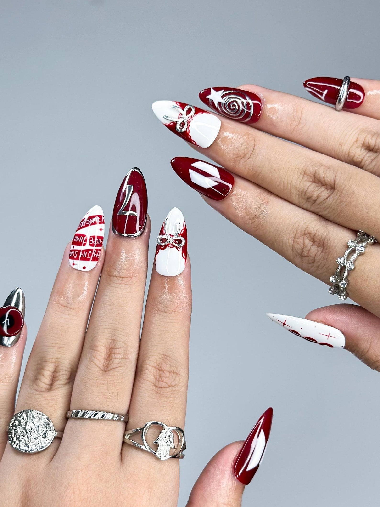 Kpop Inspired Cupid Voyage Nails | 7 Spirit Arirang Love Muse Press Ons | Red White Silver Retro Pop Nails | Coquette Fandom Nails| JC358IK