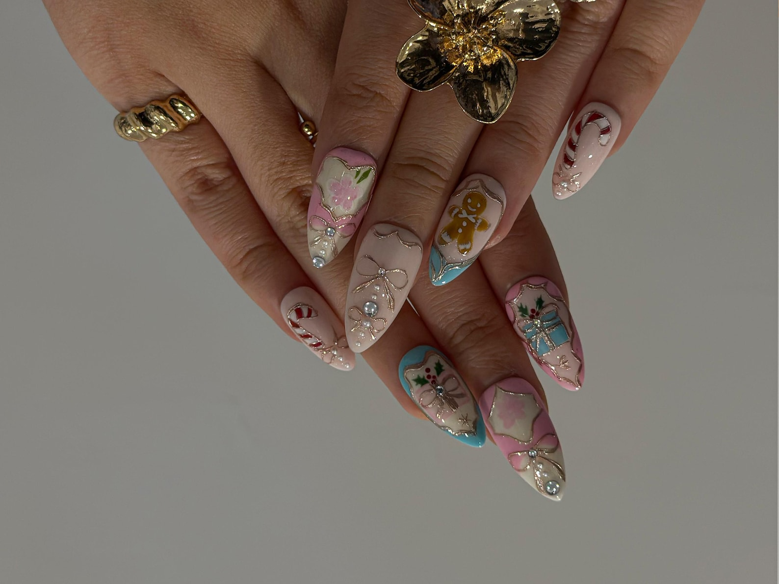 Pink Pastel Christmas Press On Nails | Pastel | Gingerbread & Candy Cane Nails | Pink Christmas Press Ons | Cute Festive Design | JB218HC