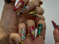 Luxe Ornament Christmas Press On Nails | 3D Holiday Nail Art | Red & Green Chrome Nails | Rhinestone Design | Festive Press Ons | JB214HC