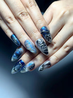 Galaxy Gothic Press On Nails | Dark Blue Chrome Cat Eye Nails | Celestial Star Night Nail Art | Handmade Cosmic Gel Nails | JB328IC