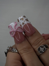 Blush Pink Leopard Press On Nails for Luxury Nail Lovers | Nude Pink Nails with 3D Bow Accent| Leopard French Tips with Gold Detail| JB288HC
