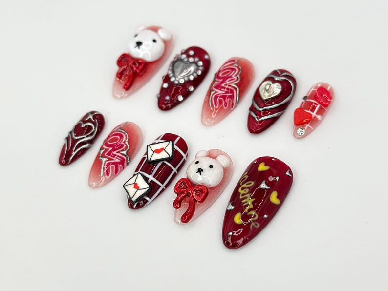 Valentine?M¨´¨¹ Day Bear Press On Nails | Red Hearts & Cute Bear Nail Art | Handmade Valentine Nails | Perfect Valentine Gift Idea | JB625HK