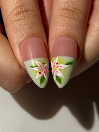 Soft Lily Floral Press On Nails for Spring | Pink Green Flower Nails | Lilies Nail Art | Botanical Press Ons | Romantic Spring Nail| JB294HC