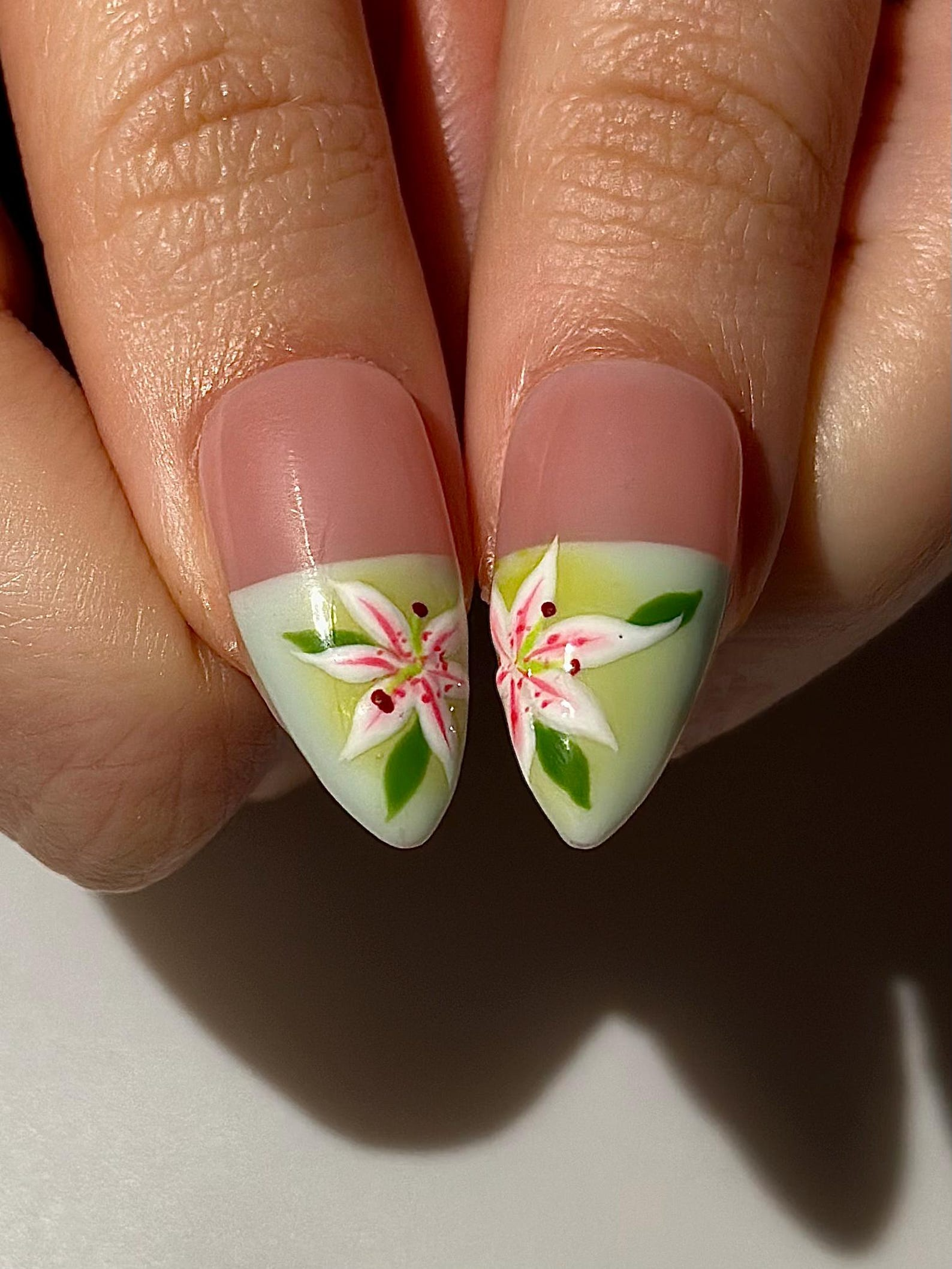Soft Lily Floral Press On Nails for Spring | Pink Green Flower Nails | Lilies Nail Art | Botanical Press Ons | Romantic Spring Nail| JB294HC