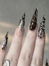 Press On Nails Adhesive Tabs ?M?Black Silver Chrome Abstract Art Long Stiletto Handmade Fake Nails for Gothic Futuristic Look