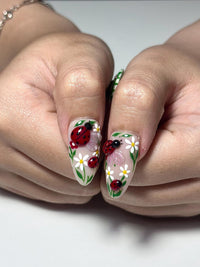 Cottagecore Daisy Ladybug Nails | Spring Gingham Press On Nails | Cute Picnic Nail Art | Green and White Nails | Floral Fake Nails| HC1317IC