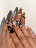 Luxury Blue Silver Press On Nails | Nude Gilded Ring Nail Art | Nude & Steel Statement Nails | High Fashion Almond Nails | JB1023EC