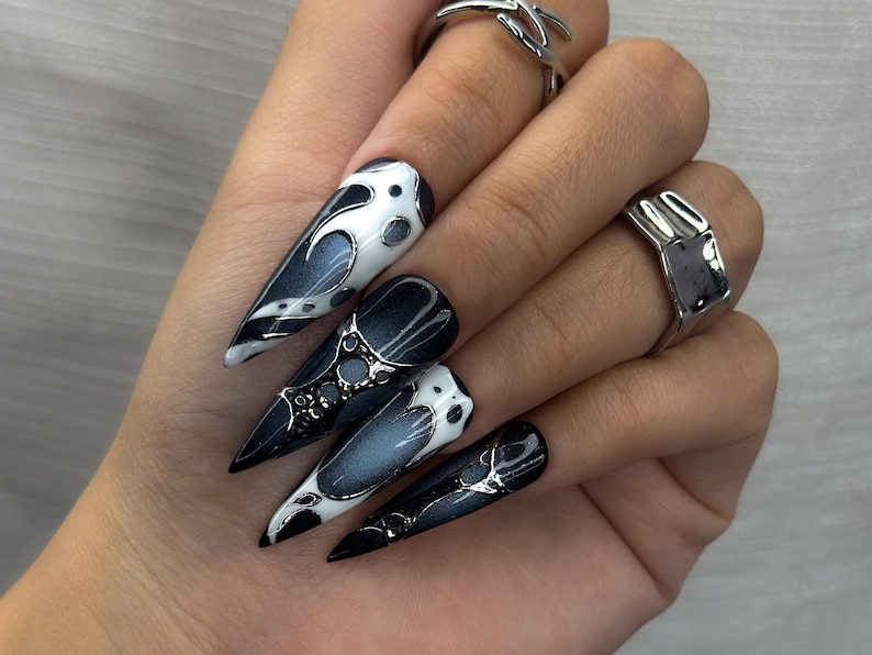 Winter Galaxy Press On Nails | Black & Silver Metallic Nail Art | Space-Inspired Chrome Design | Gothic Celestial Nails | HC1166BK