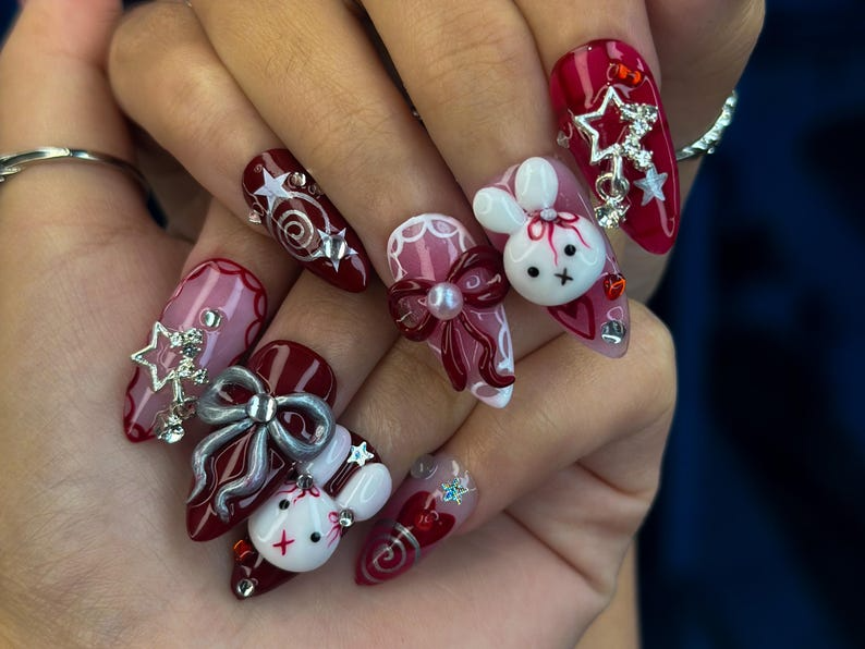 Gothic Bunny Dream Press On Nails | Red And Pink Festive Nail Art | 3D Bunny & Bow Charms | Starry Holiday Glam Nails | HB1177BC