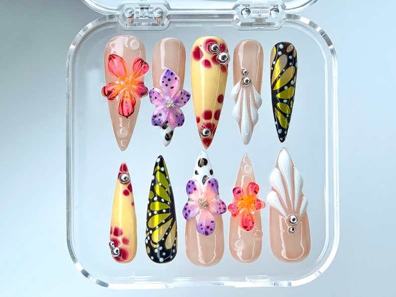 3D Floral and Butterfly Press On Nails | Vibrant 3D Flower and Butterfly Nail Art | Unique Garden Acrylic Nails | Colorful Spring | HB541YL
