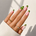 Strawberry Bliss Press-On Nails ¨C Pink & Green Cute Almond Set Chic Strawberry Stiletto Nails with 3D Musical & Clover Accent Pastel Pink & Green Strawberry-Inspired Reusable Press-On Nails/003