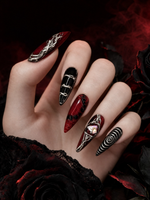 Gothic Crimson Relic Luxury Press-On Nails – Dark Red & Black Gemstone Gothic Style/005