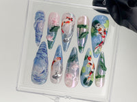 Koi Pond Bliss Press On Nails | Koi Floral Acrylic Nails | Serene Waters Nail Art | Blossoming Fake Nails | Fairy Garden Koi Nails | HD603AV
