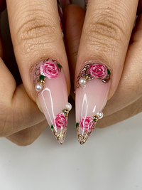Pink Rose Press On Nails for Bridal | Handmade Rose Flower Nails with Pearls | Elegant Wedding Press Ons | Gold Frame Floral Nails | JB295HC
