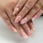 Blush Bloom Elegance Press On Nails with 3D Floral Accents| Gold Details & Pink Ombre| Suitable for Wedding| Events or Gift for Her