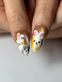 Bunny Cat Gold Press On Nails | Cute Rabbit Kitty Nail Art | Kawaii Animal Nails | Gold Almond Nails | Handmade Press Ons | HC1301HC