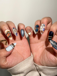 Luxury Blue Silver Press On Nails | Nude Gilded Ring Nail Art | Nude & Steel Statement Nails | High Fashion Almond Nails | JB1023EC