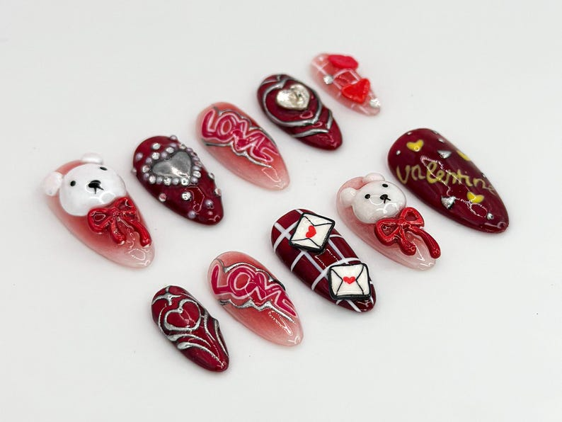 Valentine?M¨´¨¹ Day Bear Press On Nails | Red Hearts & Cute Bear Nail Art | Handmade Valentine Nails | Perfect Valentine Gift Idea | JB625HK