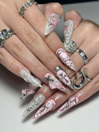 3D Pink Gothic Cyber Nails | Silver Chrome Cross Press Ons | Ethereal Grunge Liquid Metal Nails | Y2K Punk Butterfly Press Ons | JB362IC