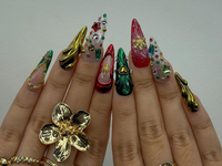 Luxe Ornament Christmas Press On Nails | 3D Holiday Nail Art | Red & Green Chrome Nails | Rhinestone Design | Festive Press Ons | JB214HC