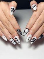 JungKook Inspired Black & White Nails | Kpop JK Solo Era Press Ons | Y2K Star and Bow Nails | Musical Note Gothic Press Ons | JC364IK