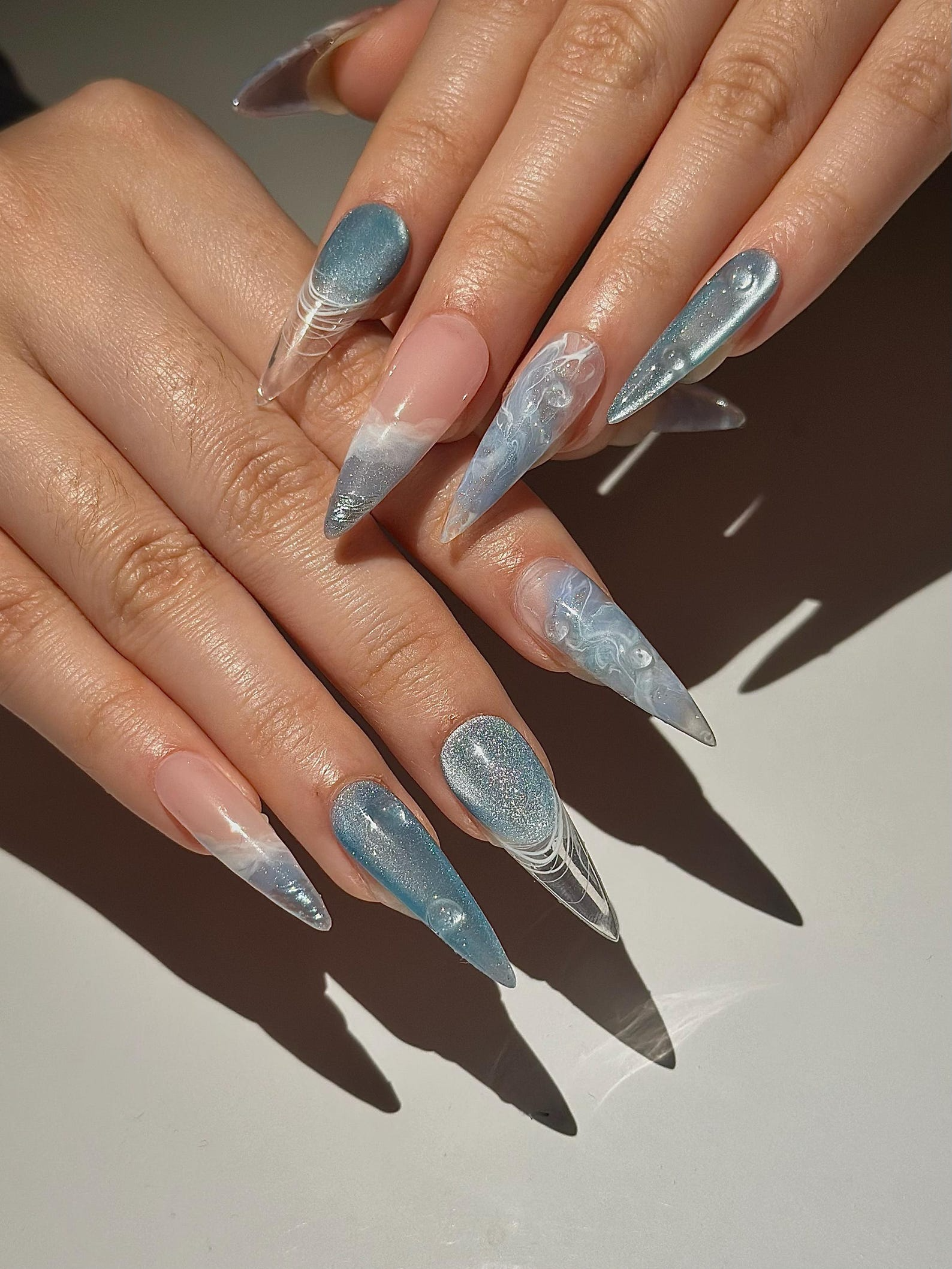 Icy Blue Ocean Press On Nails | Blue Stiletto Nails for Women | Clear French Tip Crystal Nails | Bridal Luxury Nails| Elegant Nails|HC1277HC
