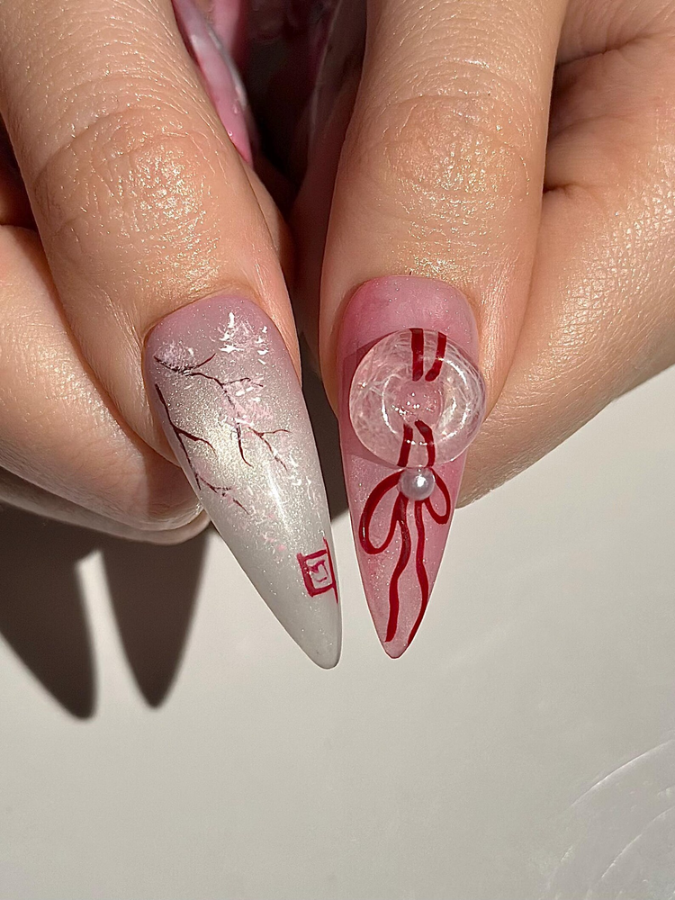 Pink Blossom Press On Nails | Pink Jelly Floral Nails | Asian Flower Nails | Romantic Spring Nails | Handmade Stiletto Press Ons | JB312HC