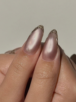 Luxury Cat Eye Press On Nails, Luxury Gold Foil Trim Fake Nails, Elegant Nude Shimmer Nails for Wedding and Formal Events, HC1293HC