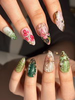 Asian Inspired Luxury Press On Nails | Jade Green Gold Floral Nails | Handpainted Pagoda Nail Art | Elegant Statement Press Ons | JB309HC