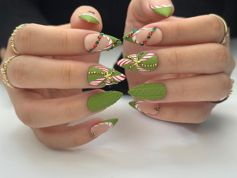 Christmas Press On Nails | Green Holiday Nails | Festive Long Nails | Christmas Gift | Party Nails| HB1189BC