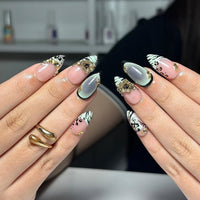 Nude Pink Press On Nails with Black Floral and Gold Charm | 3D Elegant Nails in Almond Shape | Handmade Nails for Party, Wedding | JC333NC