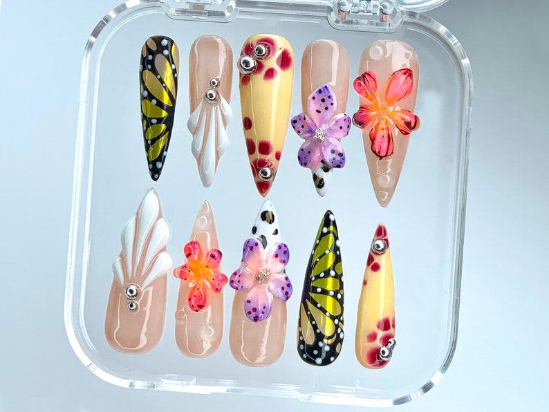 3D Floral and Butterfly Press On Nails | Vibrant 3D Flower and Butterfly Nail Art | Unique Garden Acrylic Nails | Colorful Spring | HB541YL