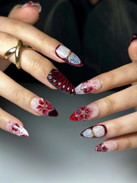 Burgundy Red Floral Press On Nails | 3D Wine Flower Nails | Dark Romantic Nail Art | Elegant Gradient Nails | Luxury Press Ons | JB324HK