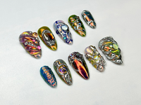 Edgy Metallic 3D Press-On Nails | Holographic Gem Nail Design | Metallic Chrome Nail Set | Chrome Press-On Nail Set | JB688H