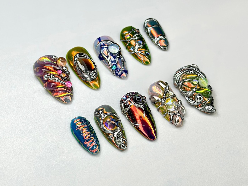 Edgy Metallic 3D Press-On Nails | Holographic Gem Nail Design | Metallic Chrome Nail Set | Chrome Press-On Nail Set | JB688H