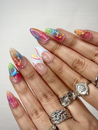 Midnight Sun Press On Nails for Y2K Lovers | Sunset Ombre Rainbow Nails with 3D Floral Art | 90s Nail Design | Artistic Press Ons | JB290HC