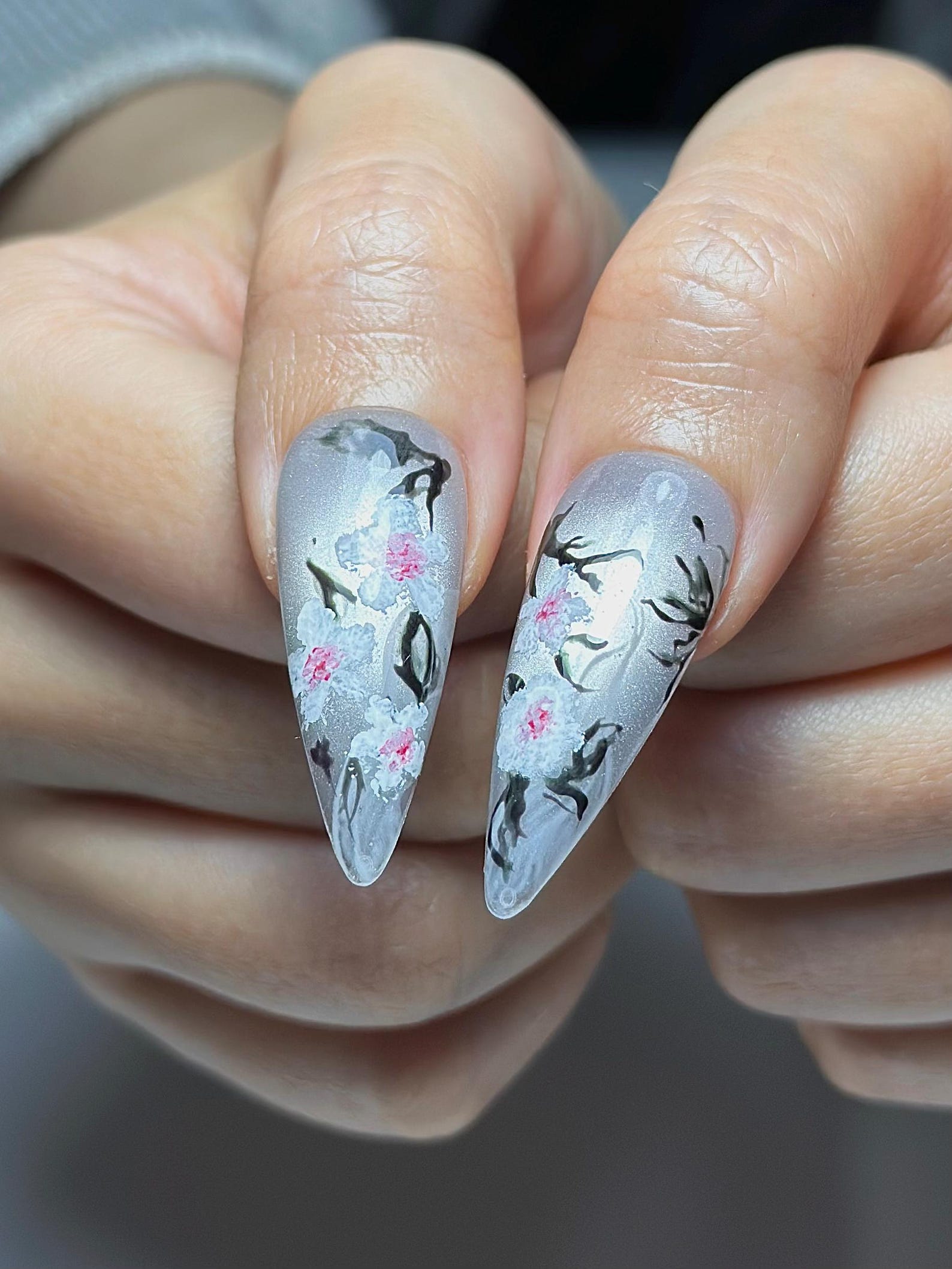 Grey Ombre Floral Press On Nails | Hand Painted Sakura Nail Art | Elegant Stiletto Nails | Japanese Inspired Press Ons | HB1299HC