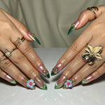 3D Floral Press On Nails | Green Leaf Pink Chrome Nails | Handmade Flower Nail Art | Elegant Spring Nails | Luxury Almond Nails | JC355NC