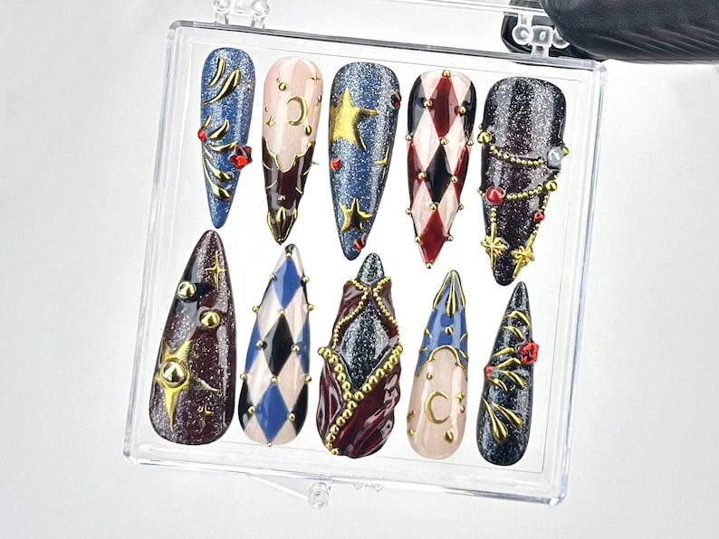 Luxury Gothic Press On Nails | Stiletto Nails with Gems & Stars Nail Art | Celestial Night Sky Acrylic Nails | Dark Fantasy Nails| HB634YC